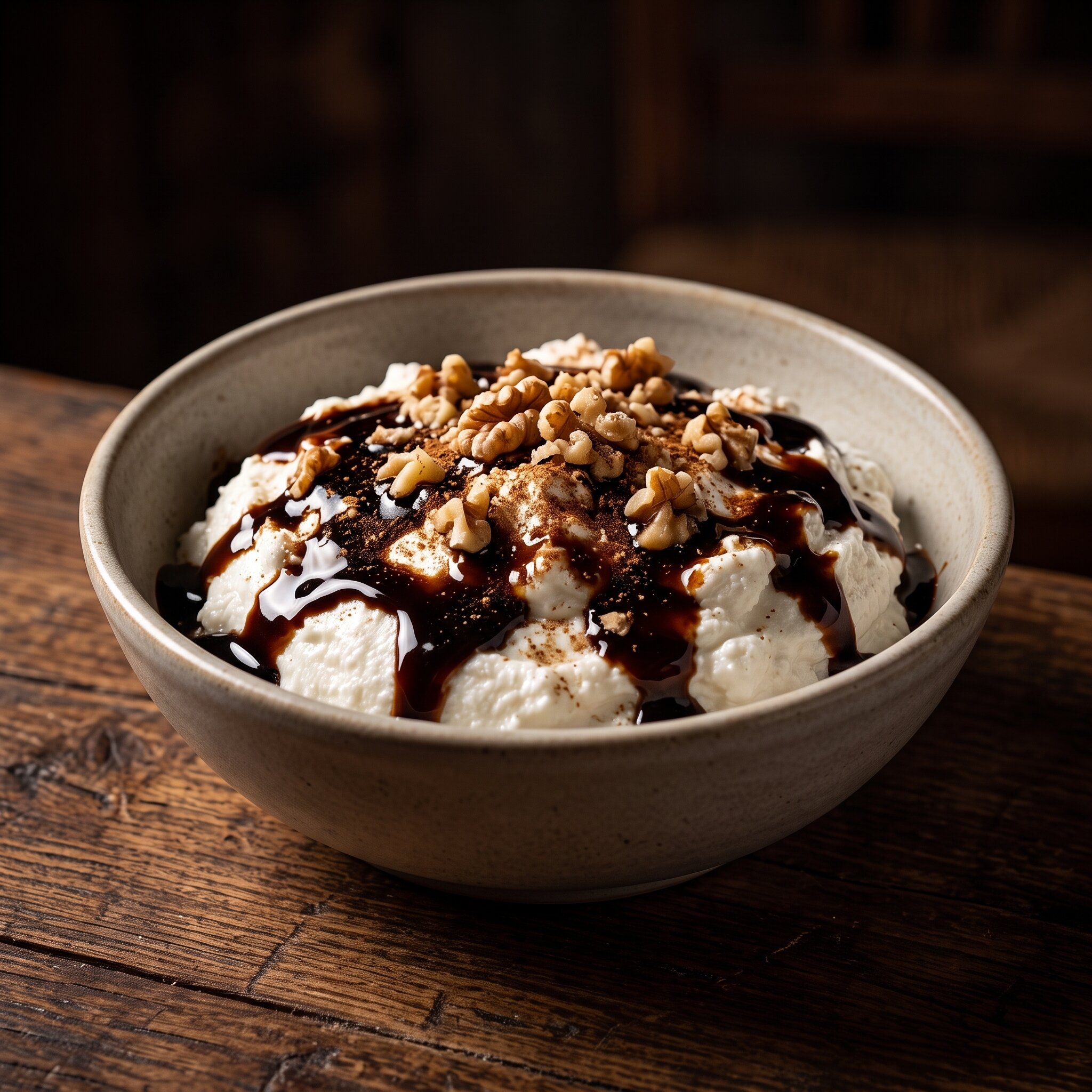 Fresh anari in a stoneware bowl under carob syrup with walnuts and cinnamon — illustrative AI-generated demo image.