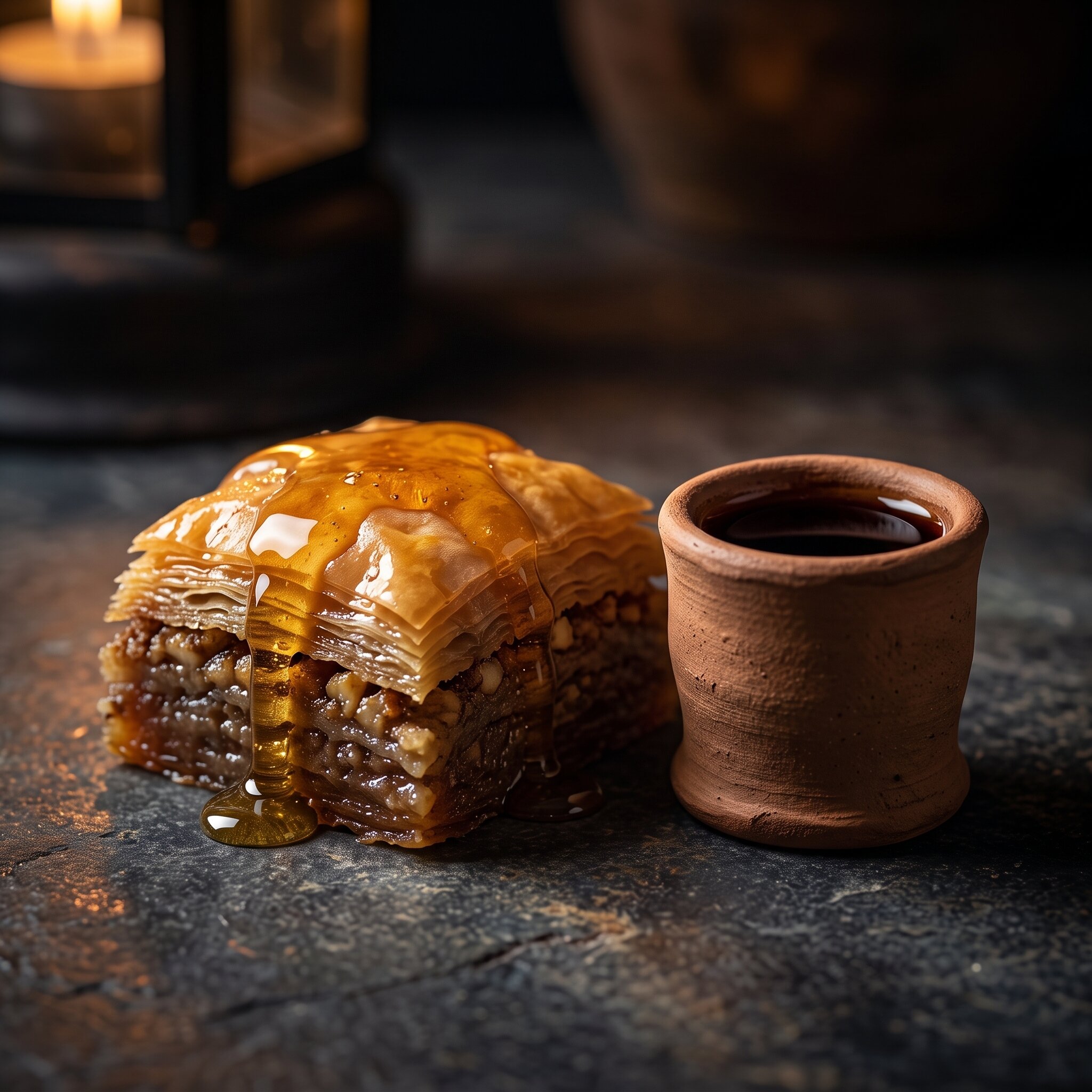 A square of walnut baklava with syrup running off it beside a clay cup of Cyprus coffee — illustrative AI-generated demo image.