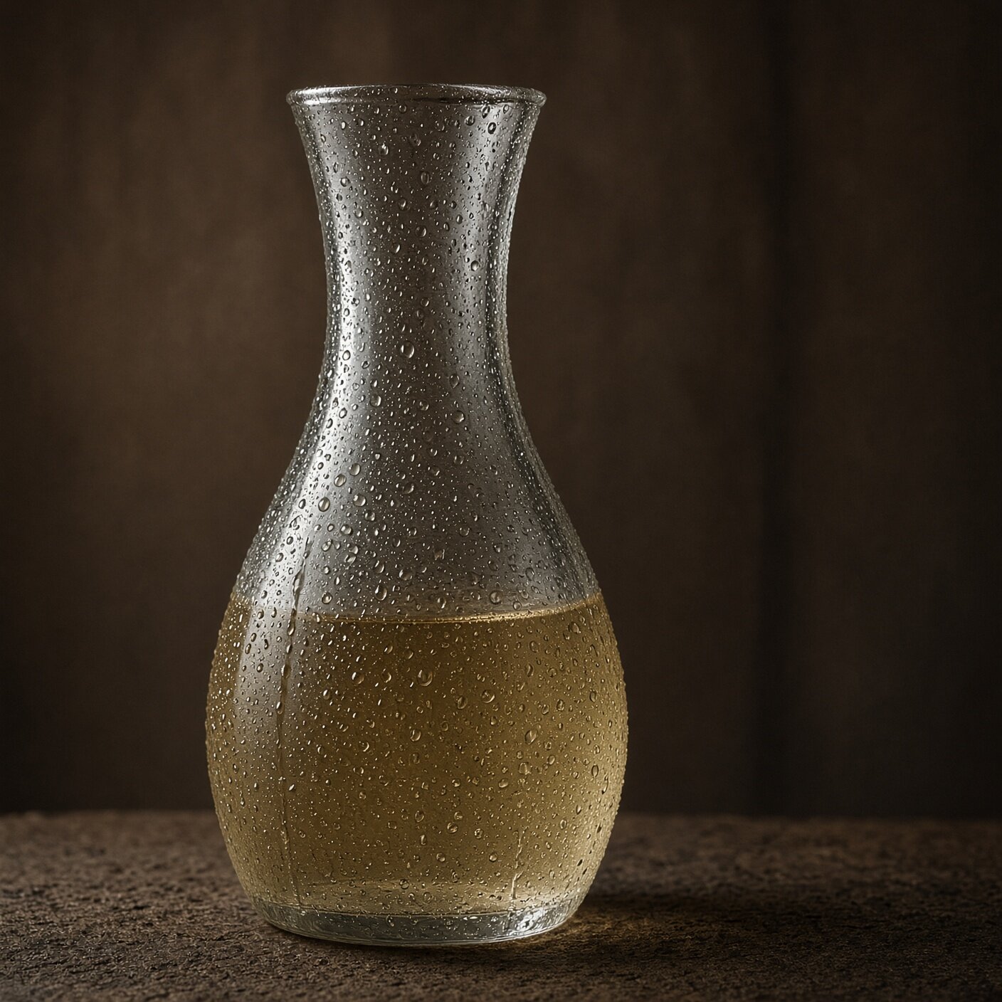 A half-full carafe of white wine beaded with condensation on a stone table — illustrative AI-generated demo image.