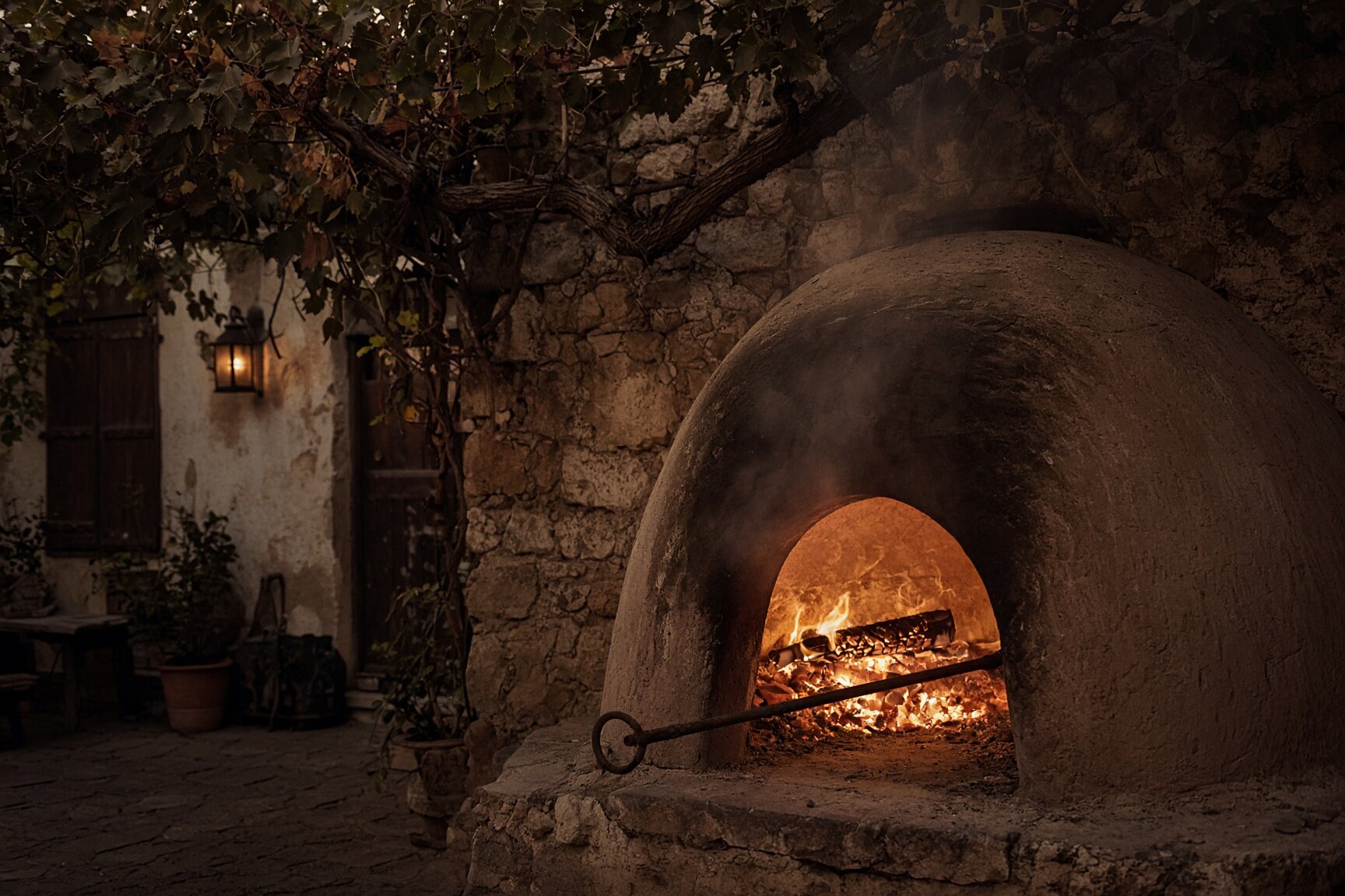 The domed clay oven under the vine at dusk, logs burning inside and the iron peel resting across the mouth — illustrative AI-generated demo image.