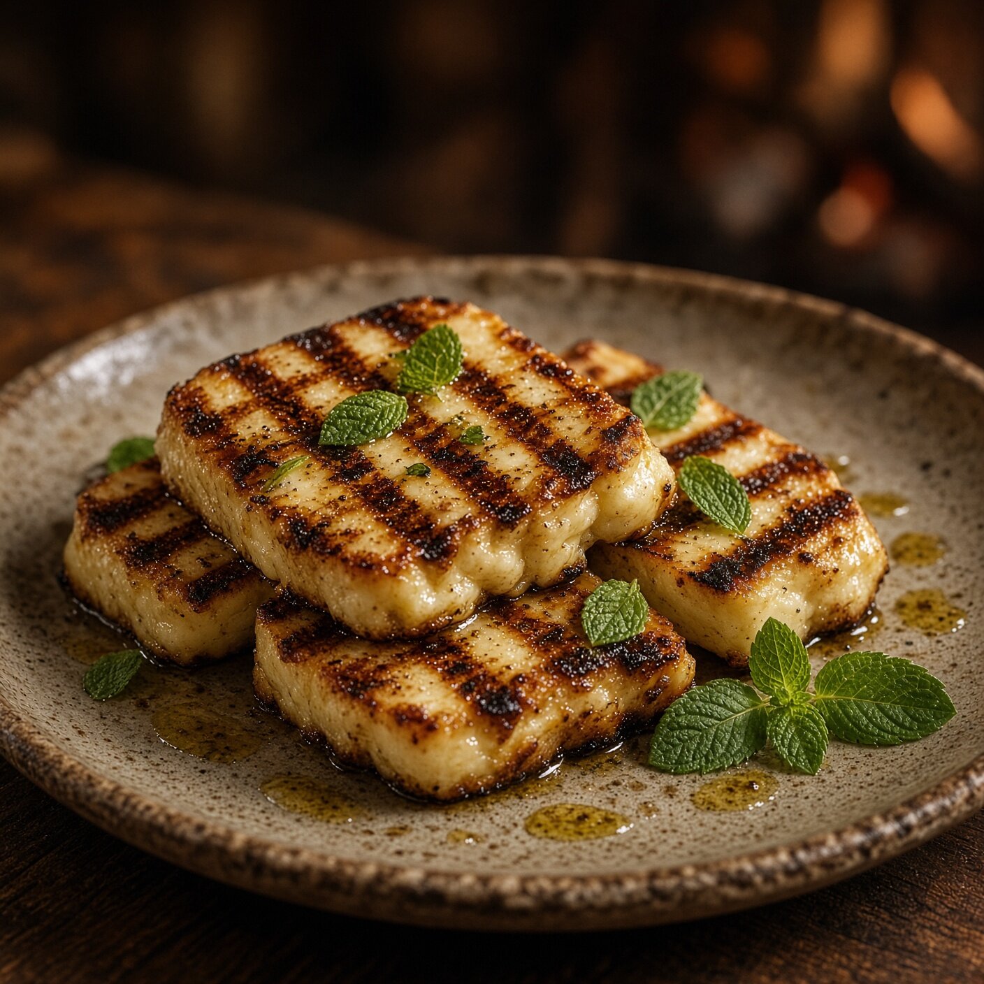 Grilled halloumi with charred lines and wild mint, close up.