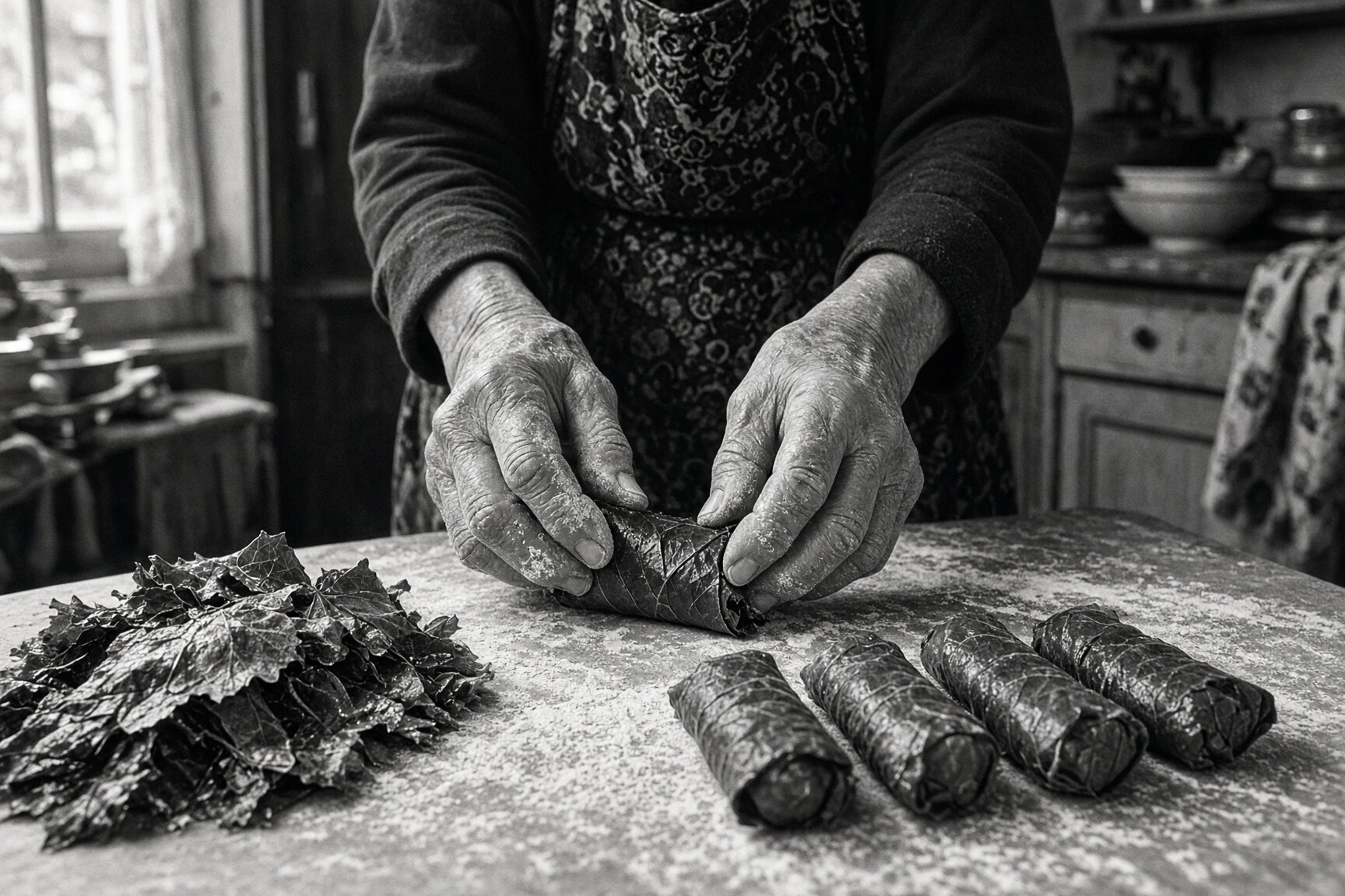 A pair of older hands rolling stuffed vine leaves at a floured table, four finished ones lined up beside the pile of leaves — illustrative AI-generated demo image.