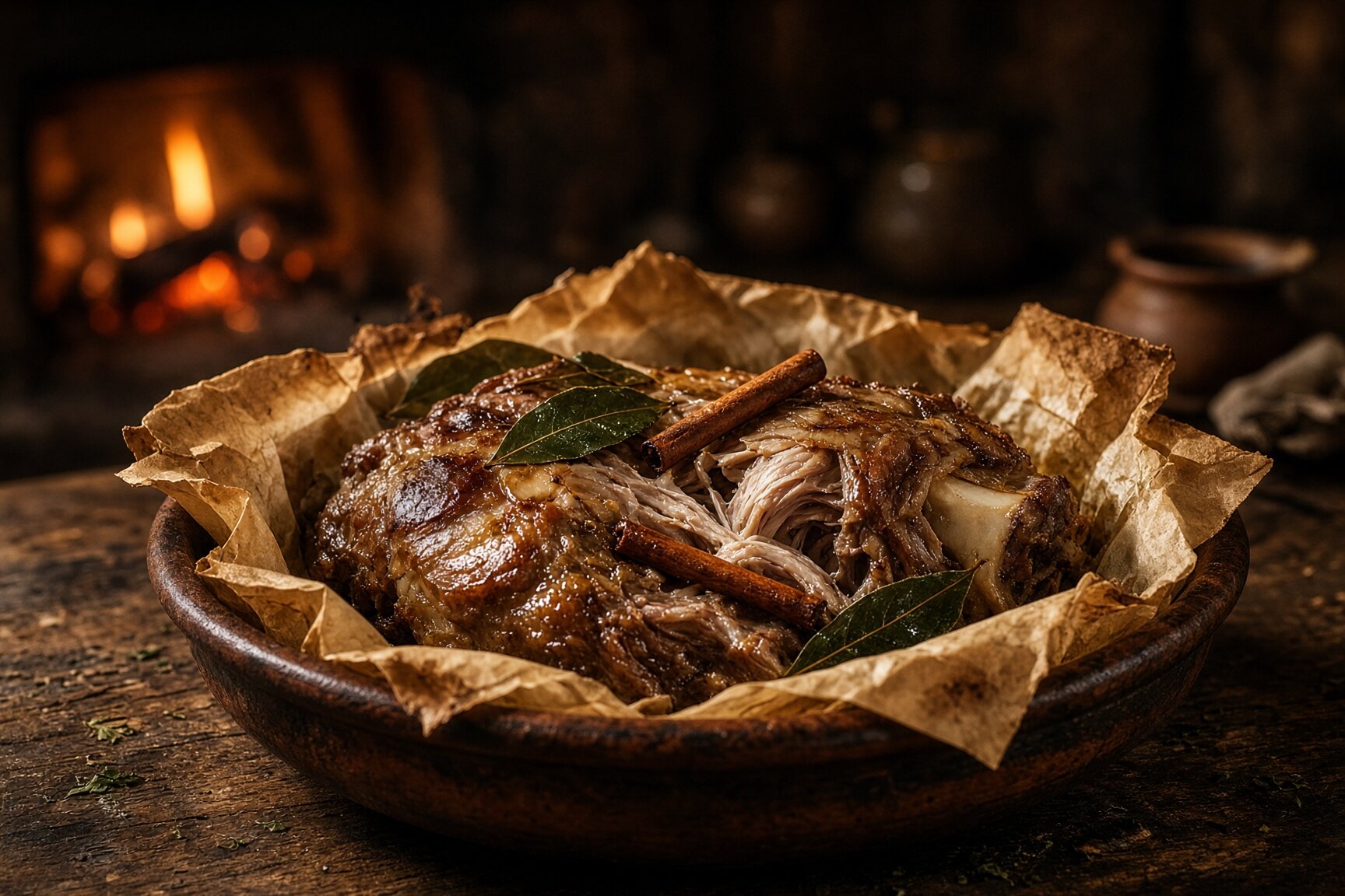 Slow-cooked lamb in a clay dish with bay and cinnamon — illustrative AI-generated demo image.