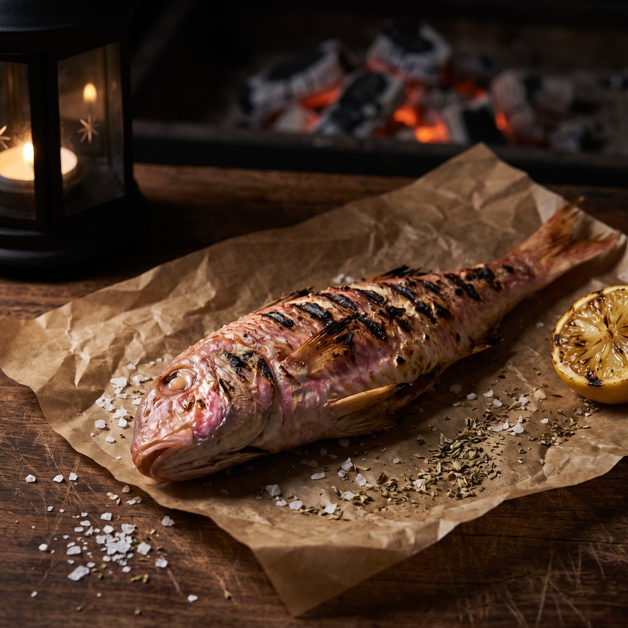 A whole red mullet grilled over charcoal on paper with sea salt, oregano and a charred lemon half — illustrative AI-generated demo image.