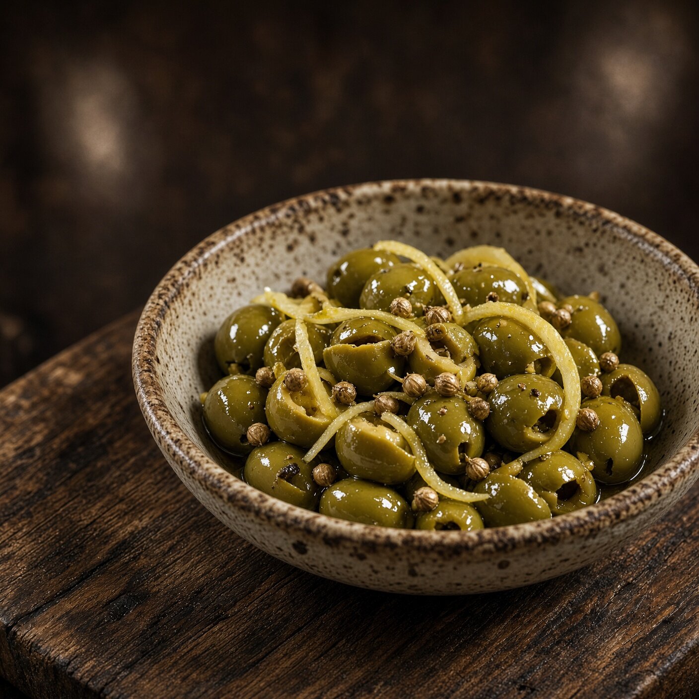 Cracked green olives with coriander seed and lemon peel.