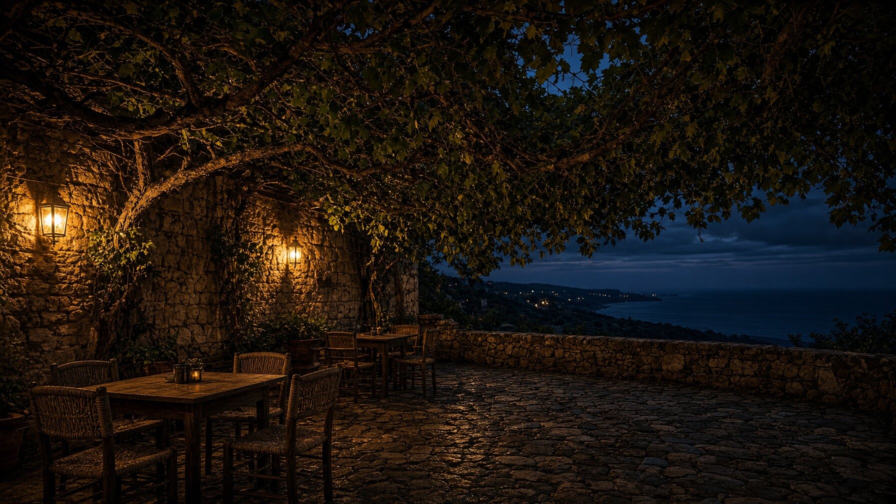 The upper terrace after dark — lanterns on the stone wall, the vine overhead and the coast road lights below — illustrative AI-generated demo image.